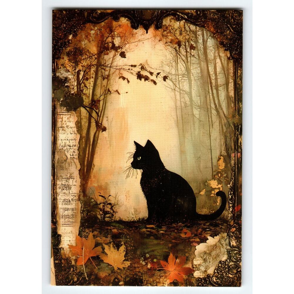 Vintage Halloween Black Cat in Autumn Forest Photochrome Postcard